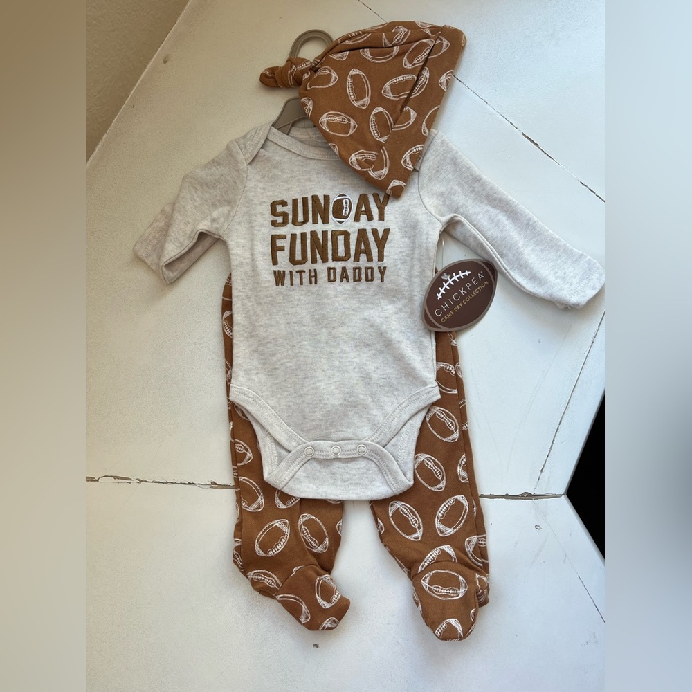 chick pea Cream and Brown Football Baby 3 Piece Set